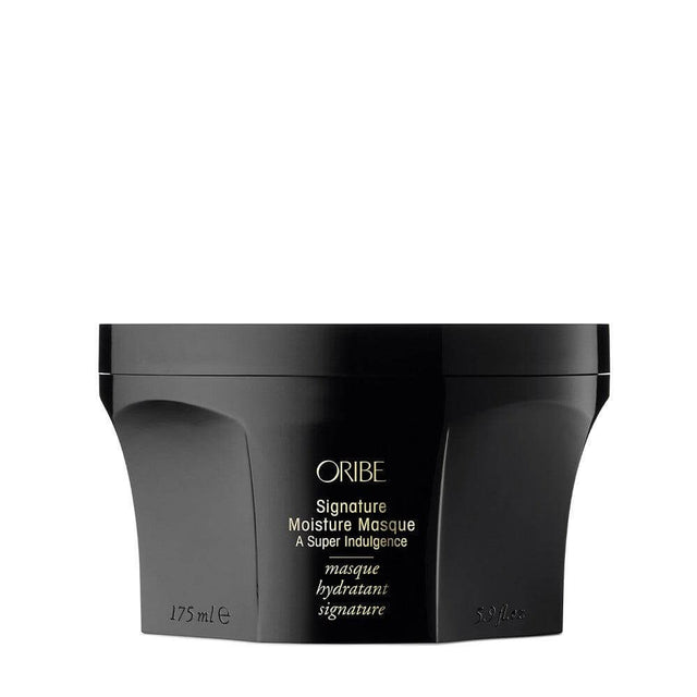 Oribe Signature Moisture Masque for men's hydration and restorative hair care in a black jar, 175ml size.