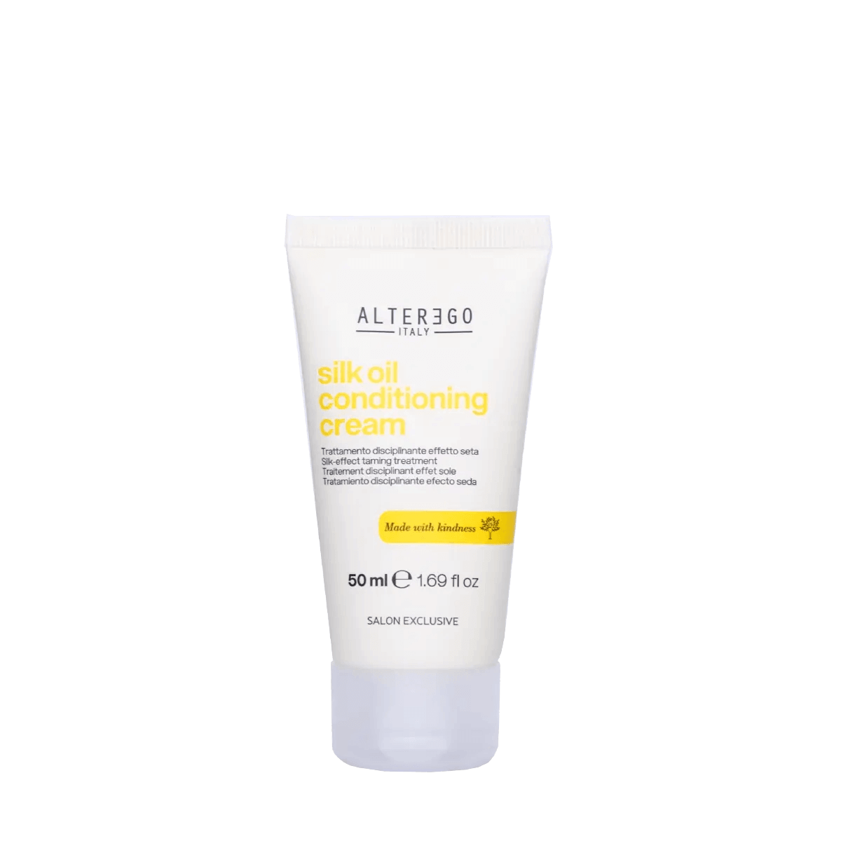 Silk Oil Conditioning Cream for nourished, frizz-free hair without sulphates, parabens, or silicones. 50ml tube image.