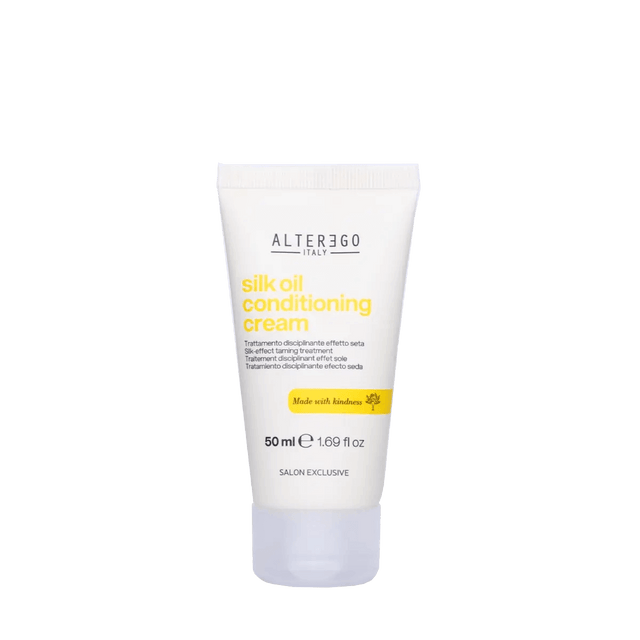 Silk Oil Conditioning Cream for nourished, frizz-free hair without sulphates, parabens, or silicones. 50ml tube image.