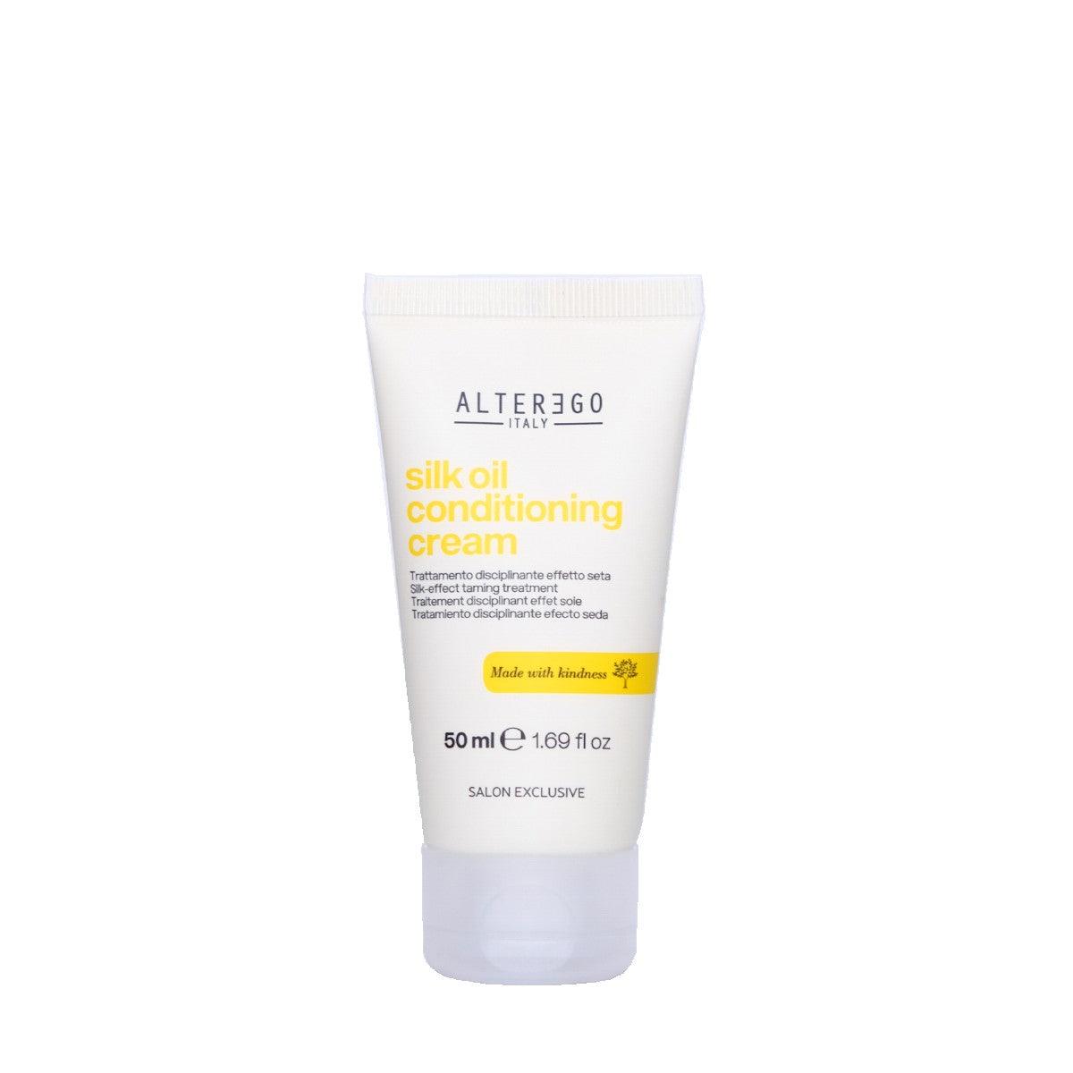 Silk Oil Conditioning Cream tube for nourishing and calming frizzy hair, sulfate and paraben-free, 50ml salon exclusive packaging.