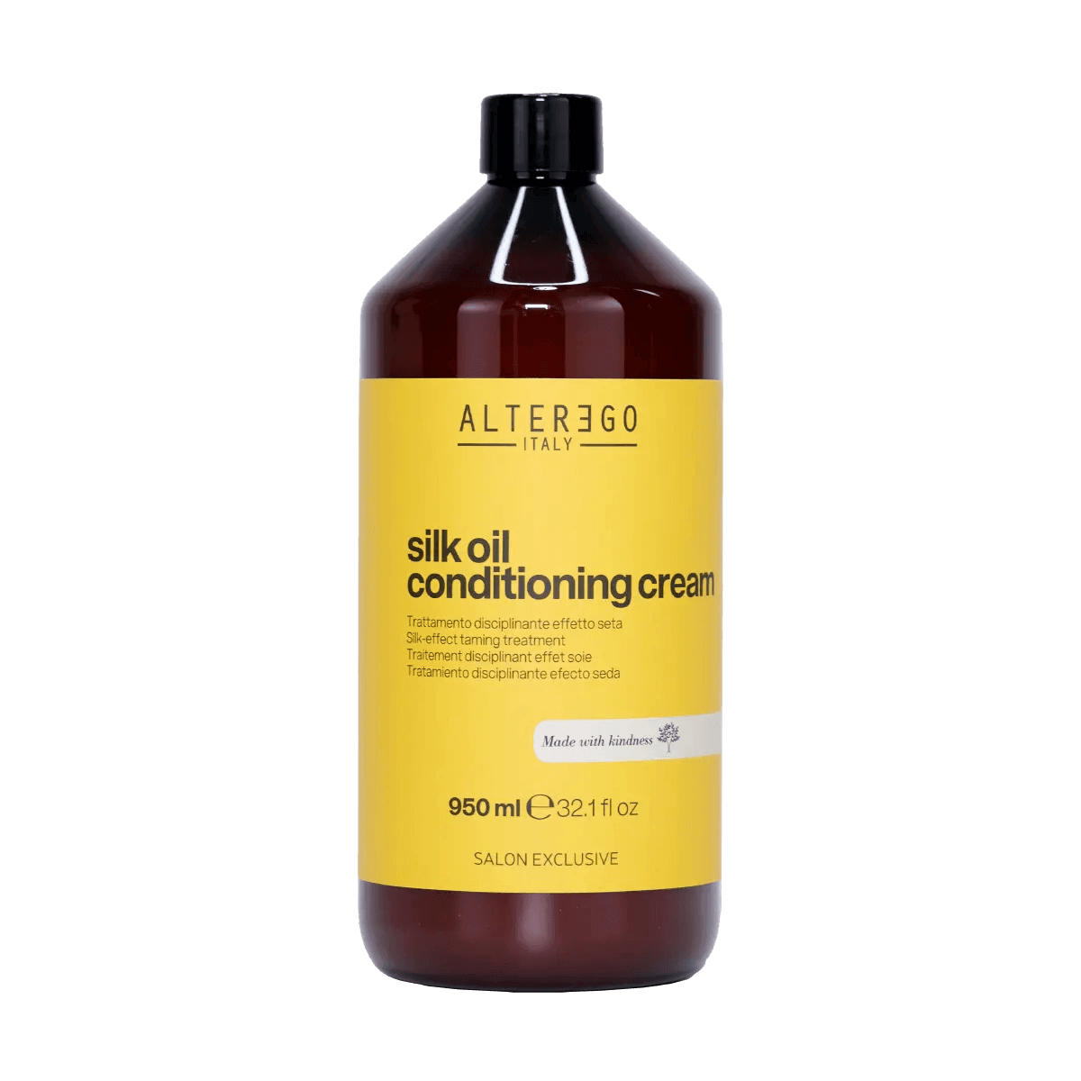 Silk Oil Conditioning Cream bottle front view, 950 ml; nourishes frizzy hair, sulphate-free, salon-exclusive product.