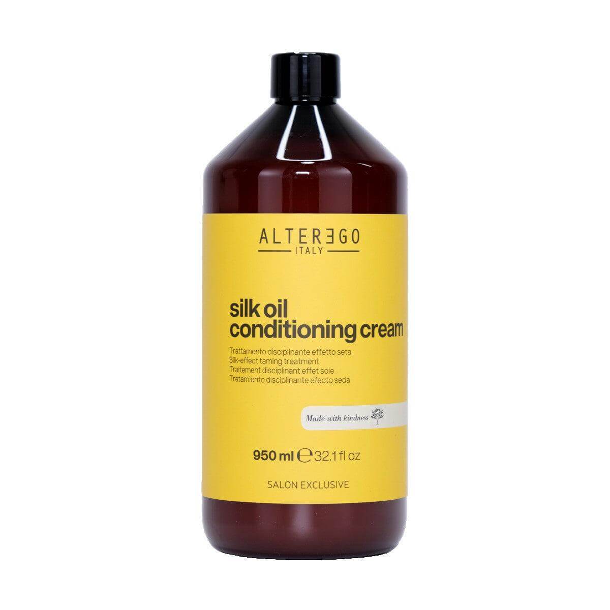 Silk Oil Conditioning Cream bottle, 950ml, for nourishing and smoothing frizzy hair, free from sulphates, parabens, and silicones.
