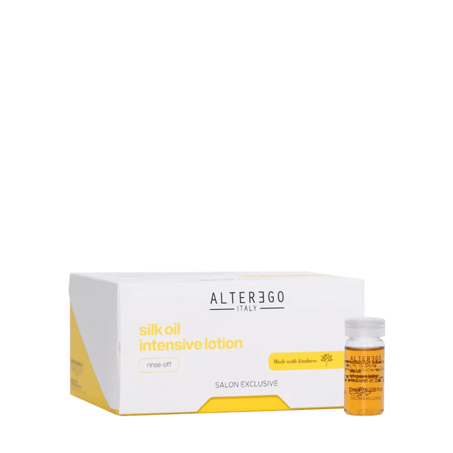 Silk Oil Intensive Lotion for smooth, nourished hair, boxed packaging and small bottle, sulfate-free, paraben-free formulation.