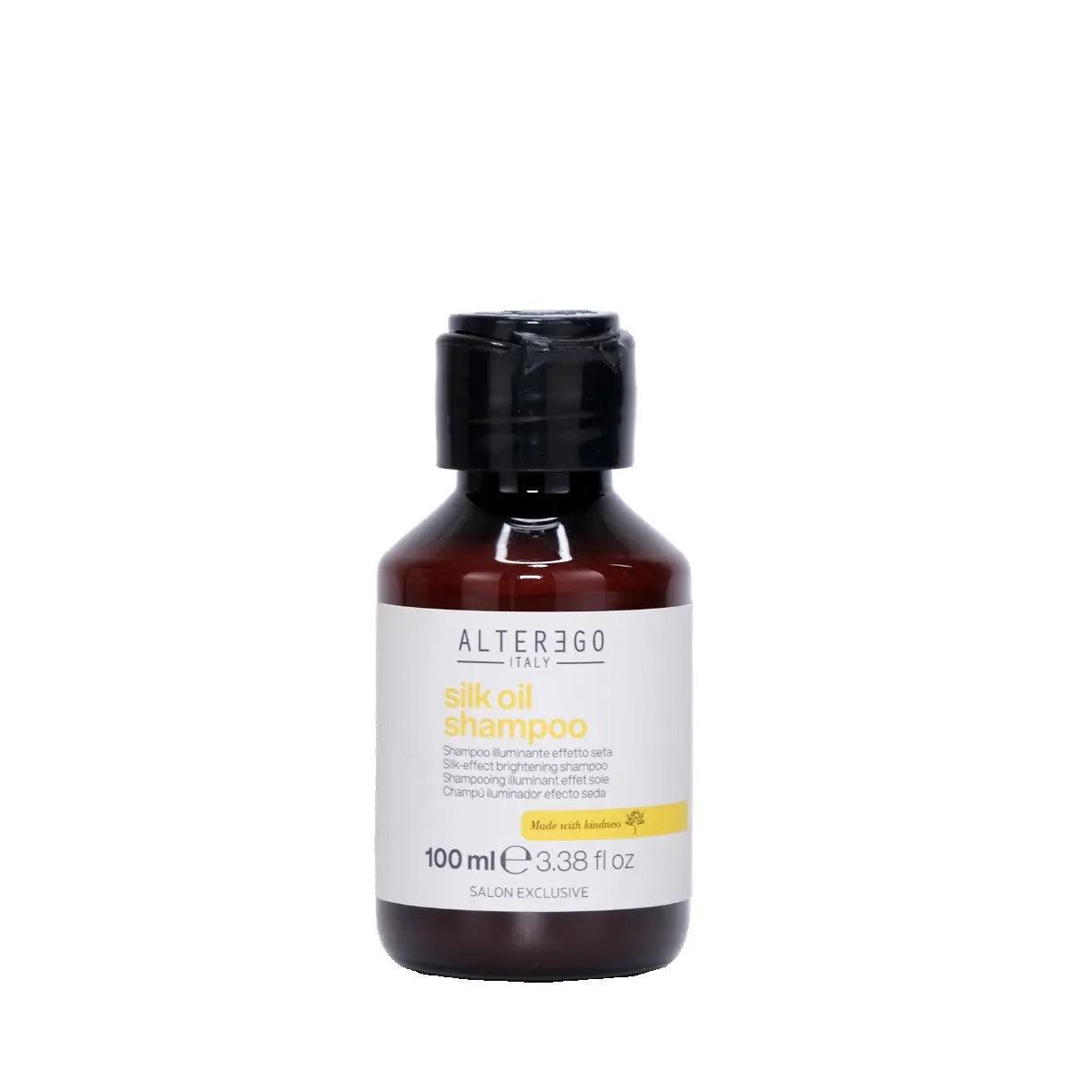 Silk Oil Shampoo bottle, 100ml, for taming frizzy hair with nourishing Argan and Coconut oils, free from sulphates, parabens, silicones.