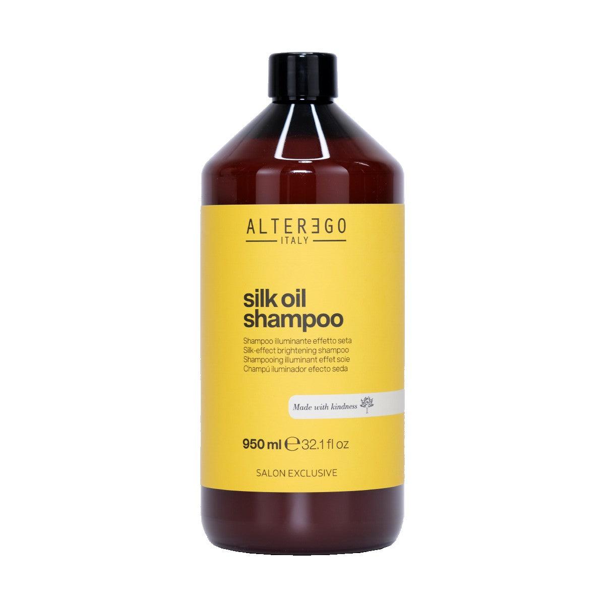 Bottle of Alter Ego Italy Silk Oil Shampoo for taming frizzy hair, enriched with Argan and Coconut oil, 950 ml size
