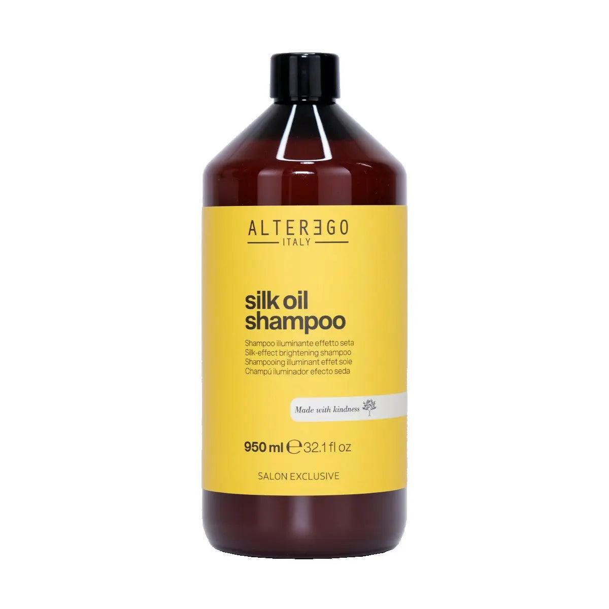Bottle of Alter Ego Silk Oil Shampoo for taming frizzy hair, enriched with argan and coconut oils, sulfate-free, 950ml size.