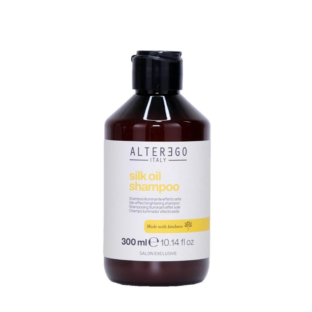 Bottle of Alter Ego Italy Silk Oil Shampoo, nourishing frizzy hair with Argan and Coconut oil, free from sulfates and parabens, 300ml.