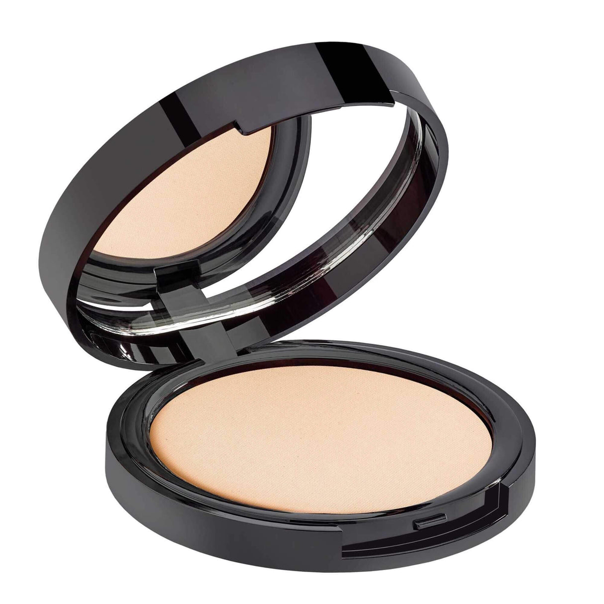 Malu Wilz Silk Touch Compact Powder in open black case, 10g, delivers flawless, silky matte finish for smooth makeup setting.