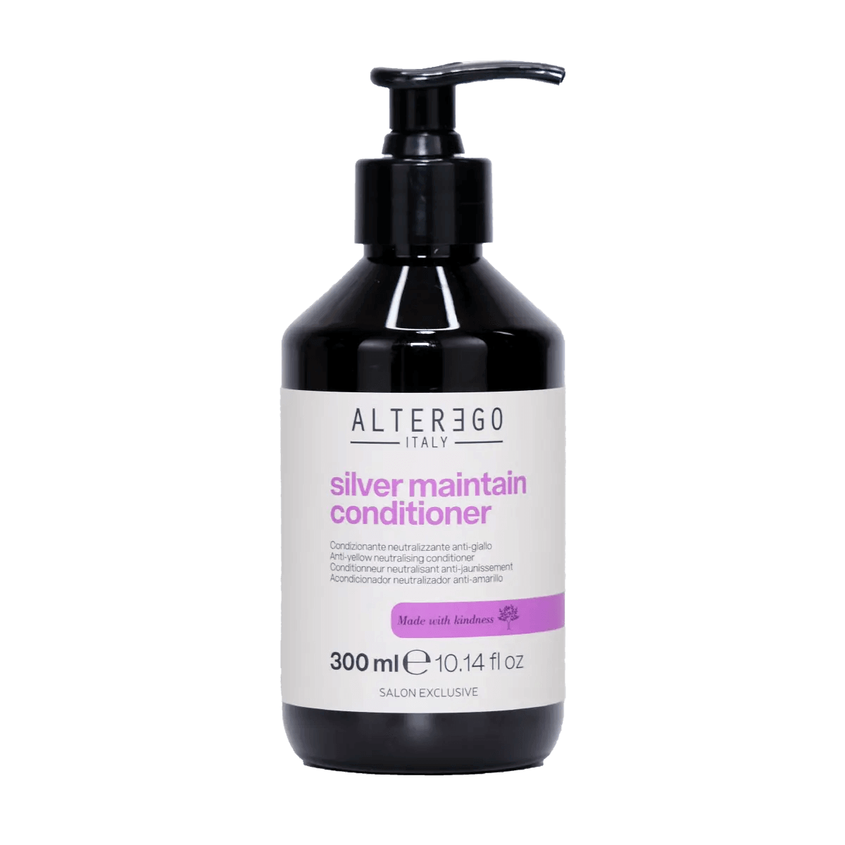 Silver Maintain Conditioner with violet pigment; enhances color, neutralizes yellow tones, hydrates hair. 300 ml bottle.