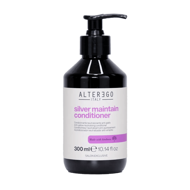 Silver Maintain Conditioner with violet pigment; enhances color, neutralizes yellow tones, hydrates hair. 300 ml bottle.