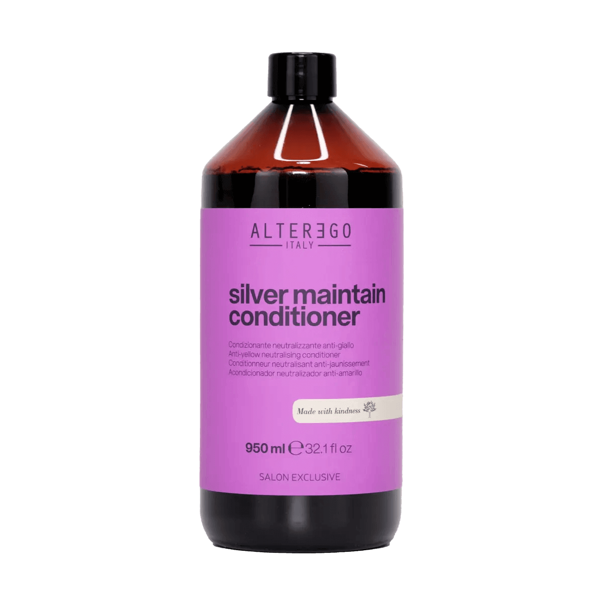 950 ml bottle of Silver Maintain Conditioner with violet pigment for neutralizing yellow tones, hydrates hair, free from sulphates.