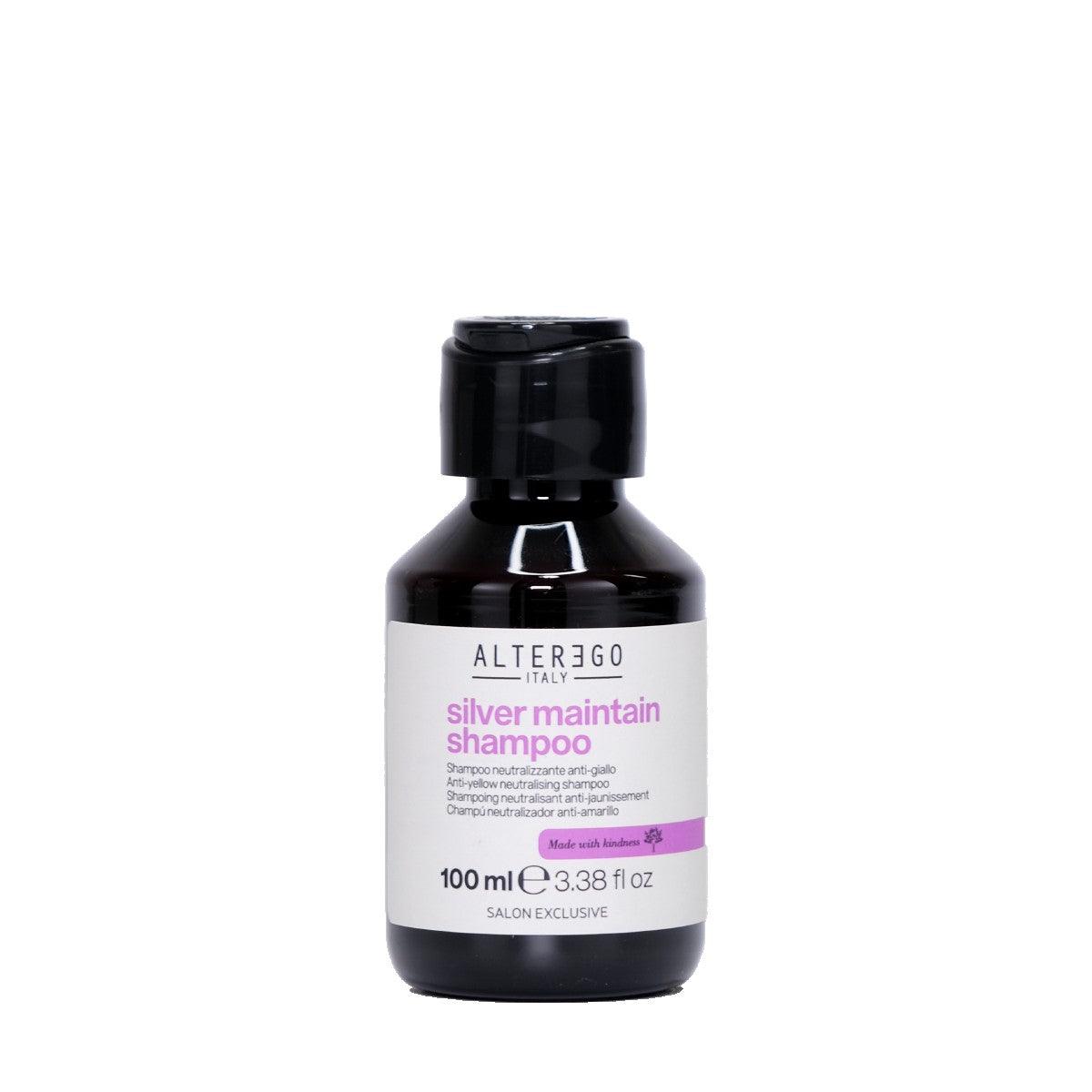 Bottle of Silver Maintain Shampoo, neutralizes yellow tones, enhances shine, sulphate-free, 100ml. Ideal for silky, soft hair.