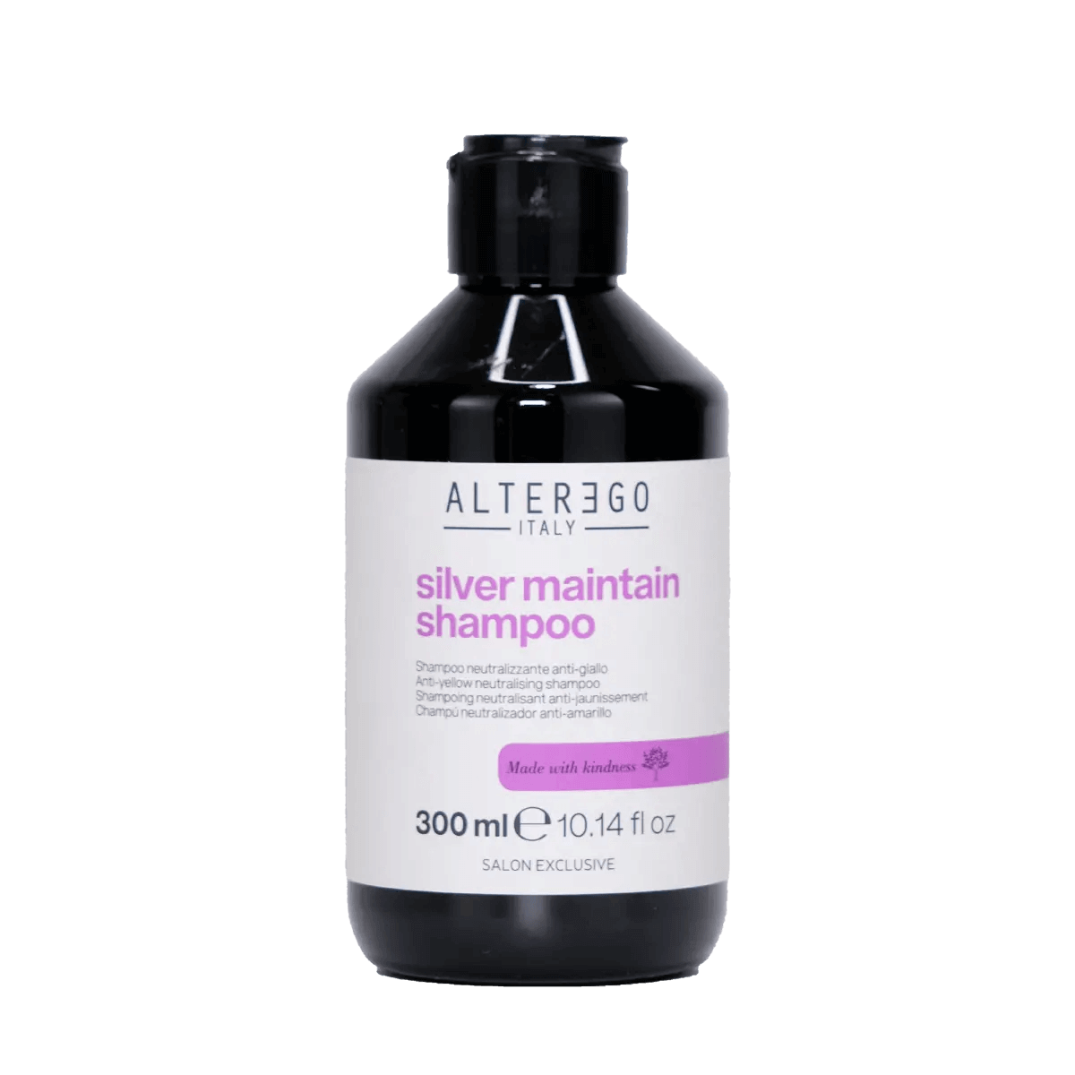 Silver Maintain Shampoo bottle, 300ml, neutralizes yellow tones, enhances shine, sulfate-free, promotes silky and soft hair.