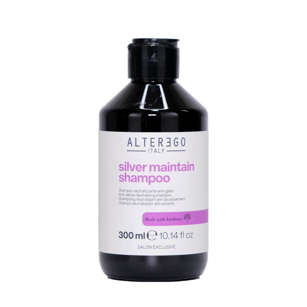 Silver Maintain Shampoo bottle, 300 ml, neutralizes yellow tones, enhances shine, sulfate-free, paraben-free, easy combing, soft hair.