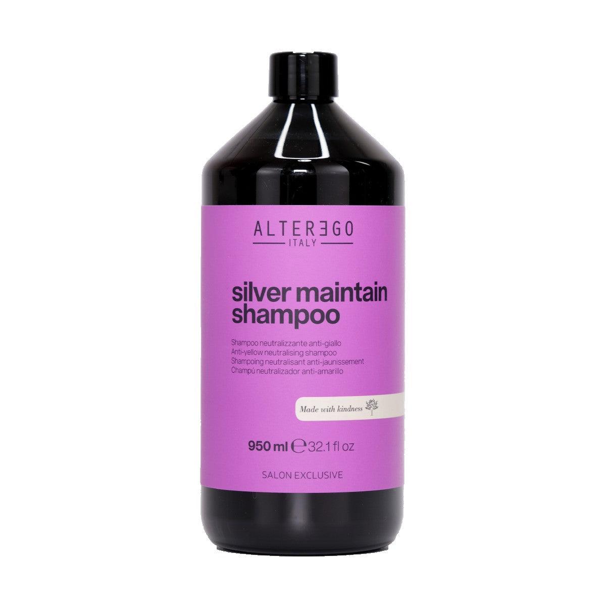 950ml bottle of Silver Maintain Shampoo, neutralizes yellow tones, sulphate and paraben-free, enhances shine and softness.