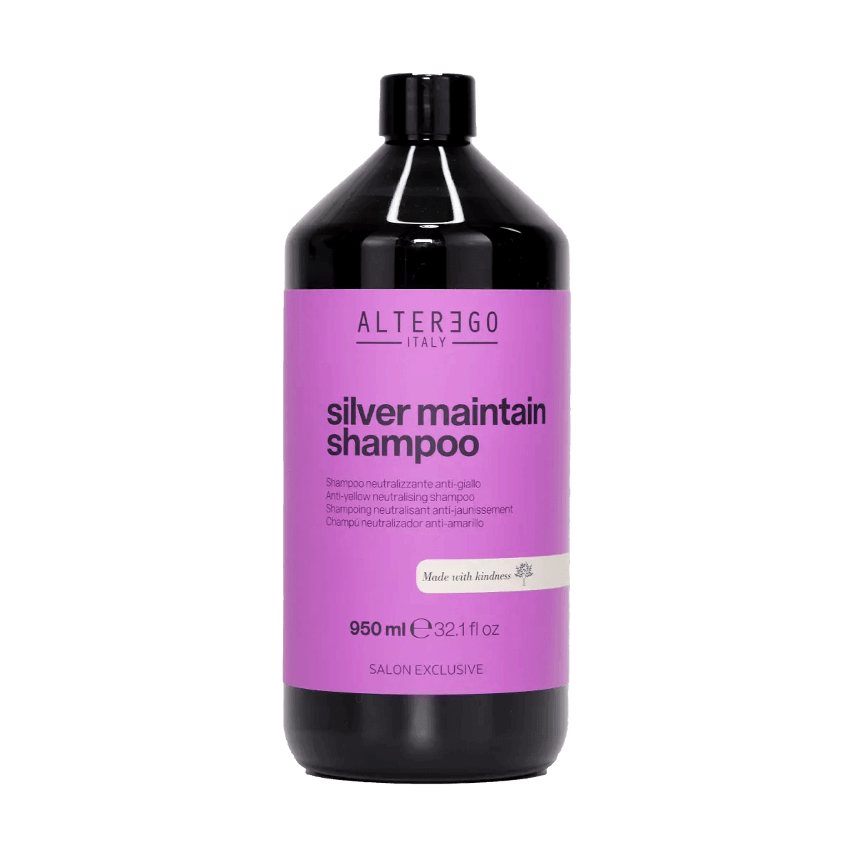 Silver Maintain Shampoo bottle, neutralizes yellow tones, enhances shine, sulfate and paraben-free, 950ml salon exclusive packaging.