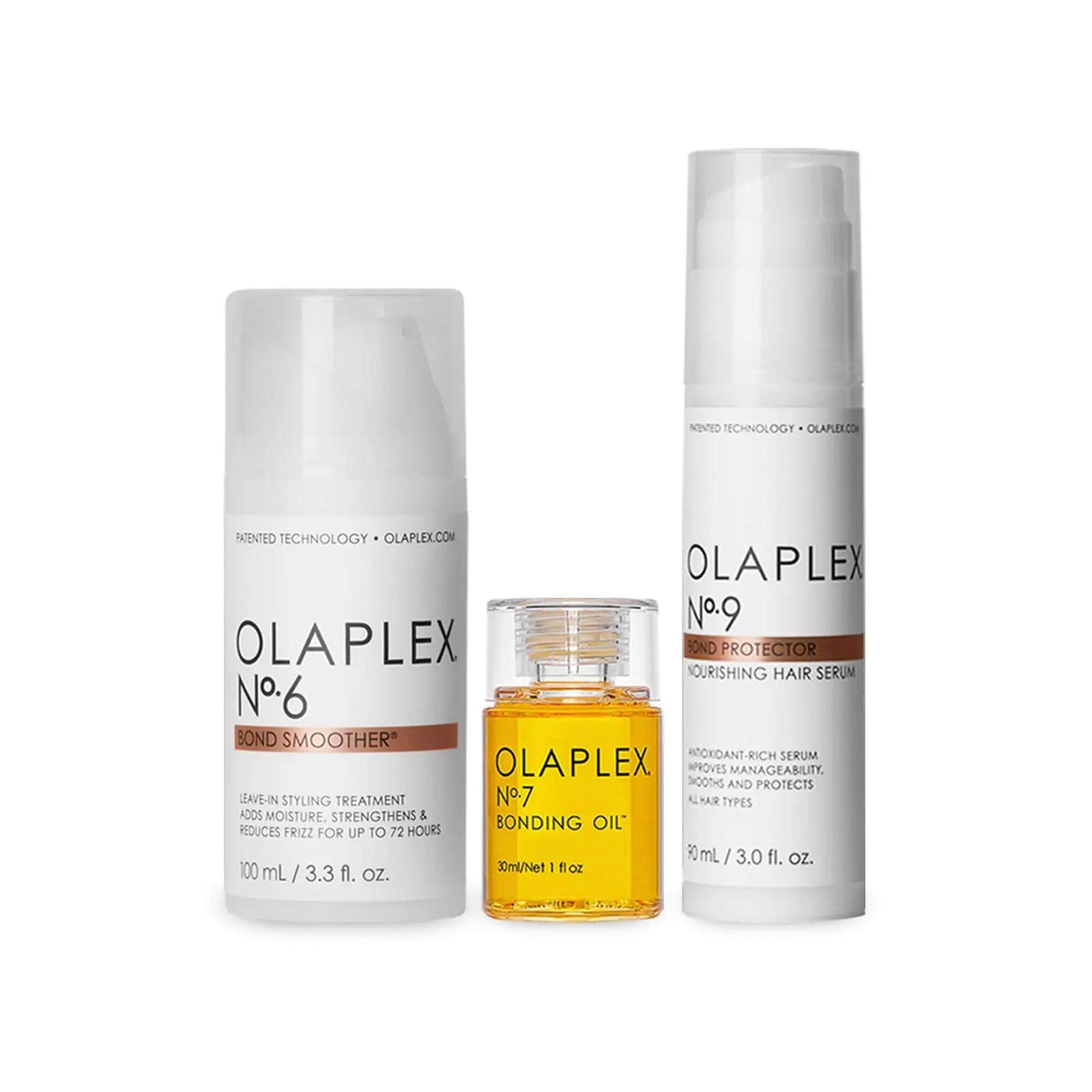 Smooth, Shine & Protect Kit with Olaplex No.6 Bond Smoother, No.7 Bonding Oil, and No.9 Nourishing Hair Serum for hair protection