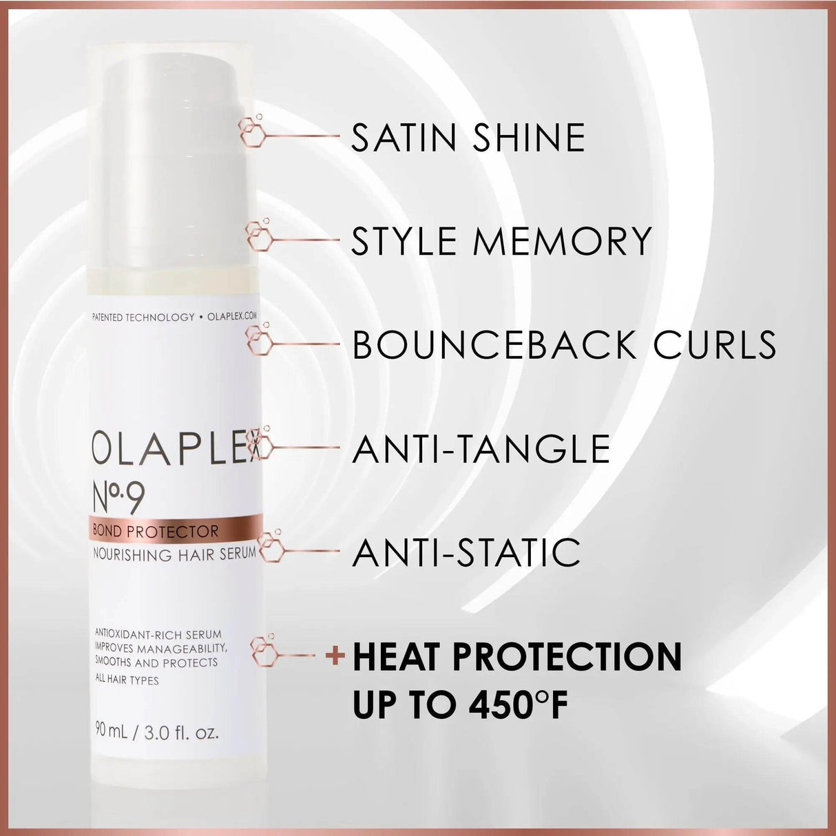 Olaplex Nº.9 Bond Protector serum with heat protection, anti-static, and anti-tangle properties for smooth, shiny hair.