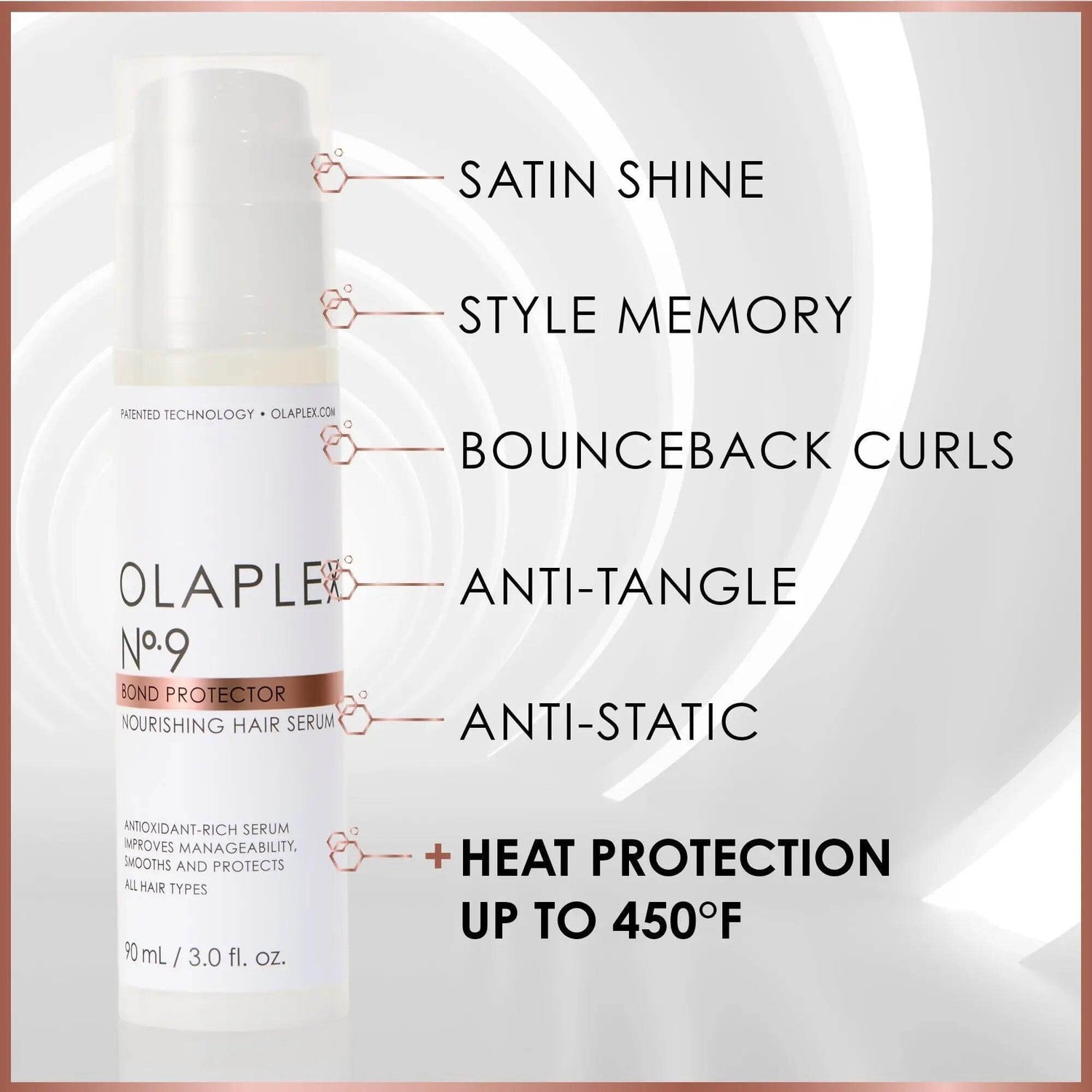 Olaplex Nº.9 Bond Protector serum with heat protection, anti-static, and anti-tangle properties for smooth, shiny hair.