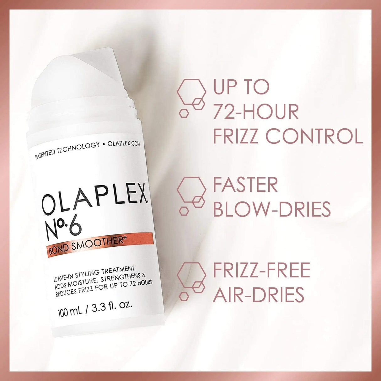 Olaplex No.6 Bond Smoother bottle with text highlighting 72-hour frizz control, faster blow-dries, and frizz-free air-dries.