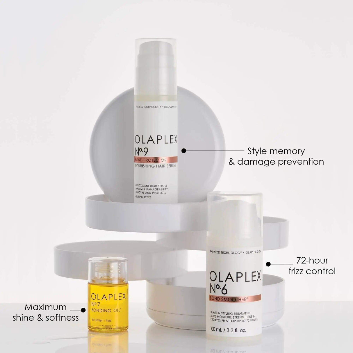 Smooth, Shine & Protect Kit with Nº.9, Nº.6, and Nº.7 for hair frizz control, heat protection, and enhanced shine displayed on white stand.