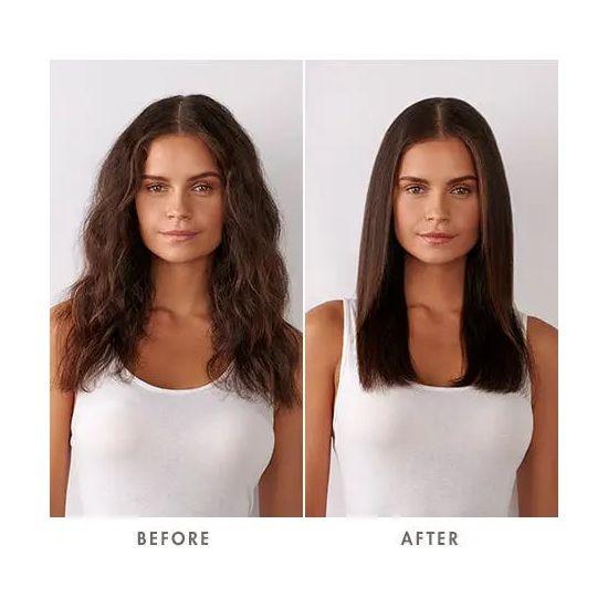 Before and after using Smooth Style Ceramic Heated Brush on long hair, showing transformation from wavy to smooth, sleek style.