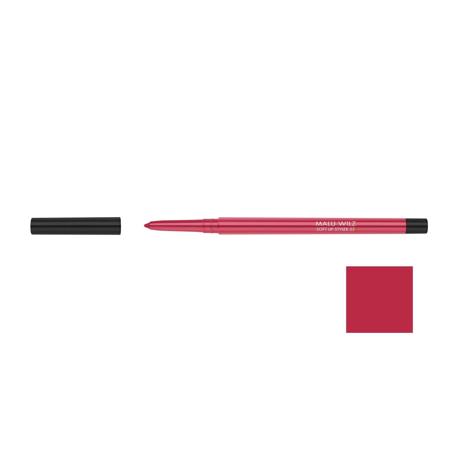 Malu Wilz Soft Lip Pencil in red, showcasing retractable design and color swatch. Ideal for defining lips with smooth application.