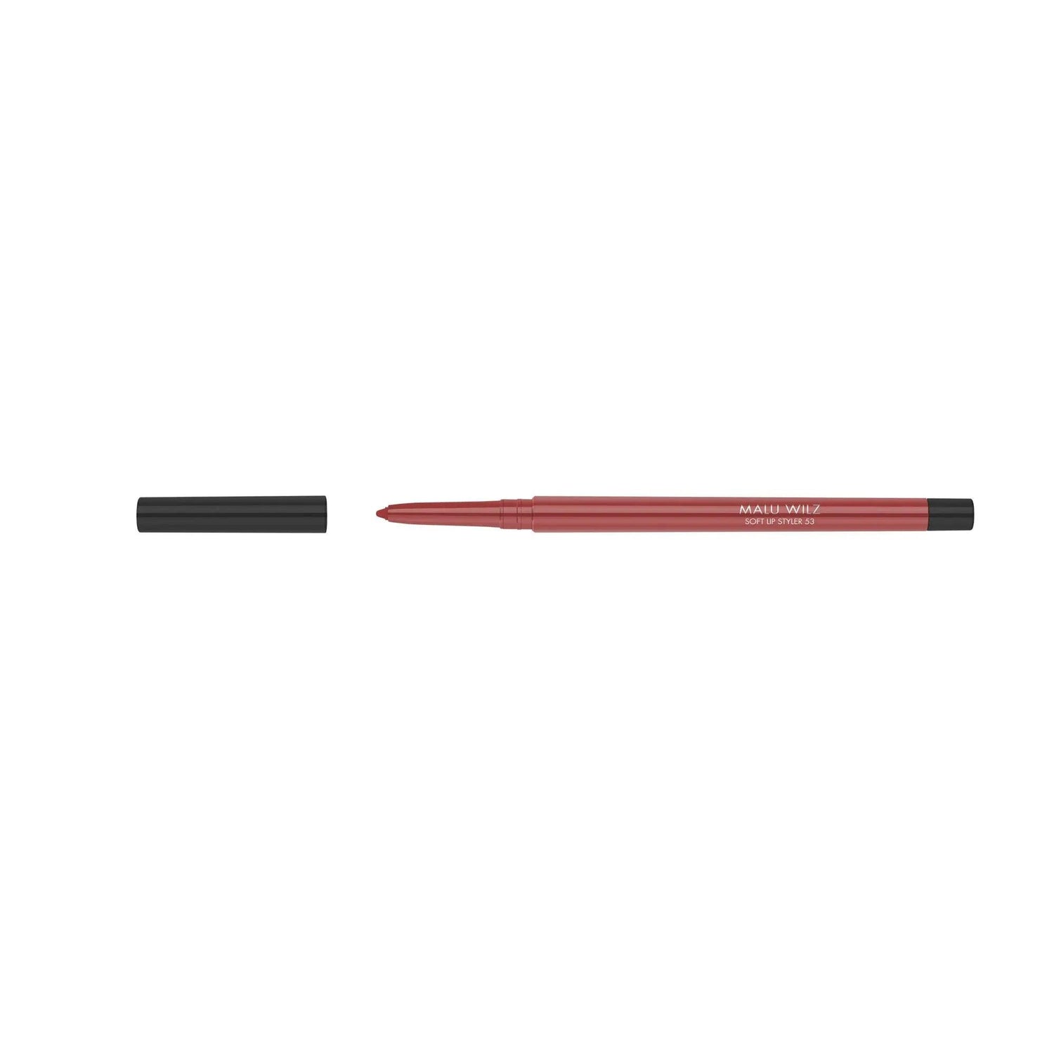 Malu Wilz Soft Lip Pencil 0.4g with cap off, showcasing the rich red color and sleek design for precise lip definition.