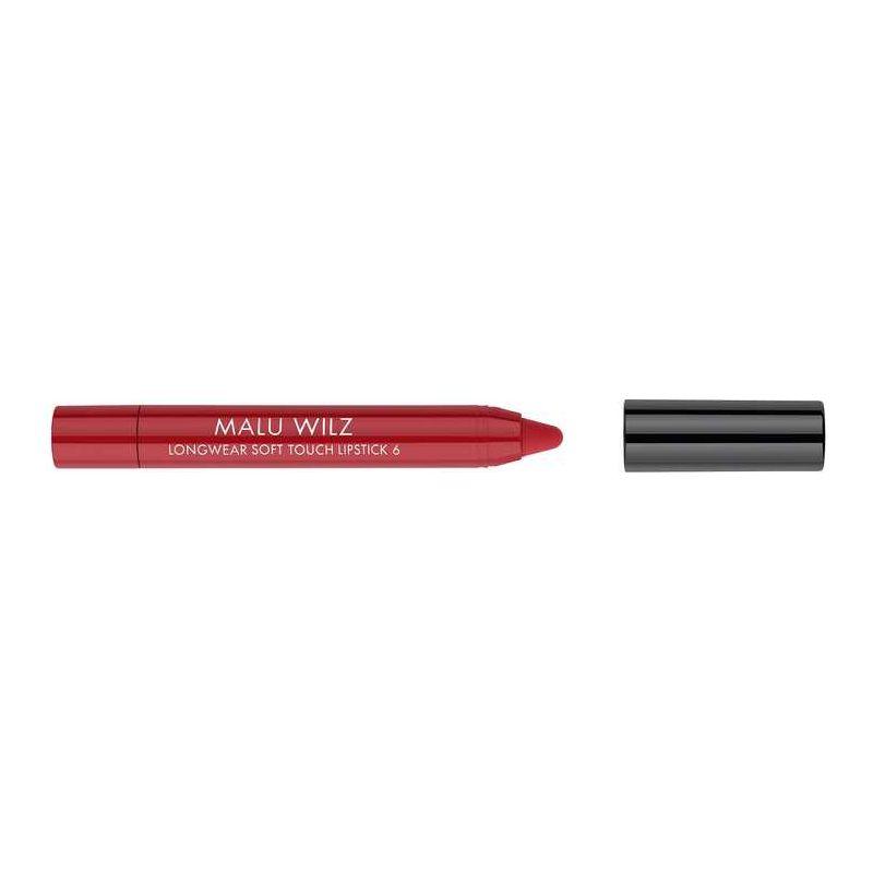 Malu Wilz Soft Touch Lipstick in vibrant red with cap off, 1.8gr, offering rich color and velvety finish.