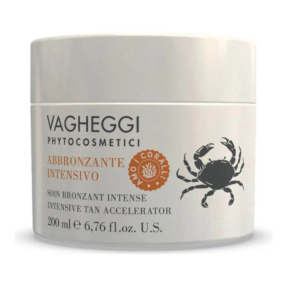 Vagheggi Intensive Tan Accelerator container with innovative formula for intense, long-lasting tanning, hydrating the skin daily.