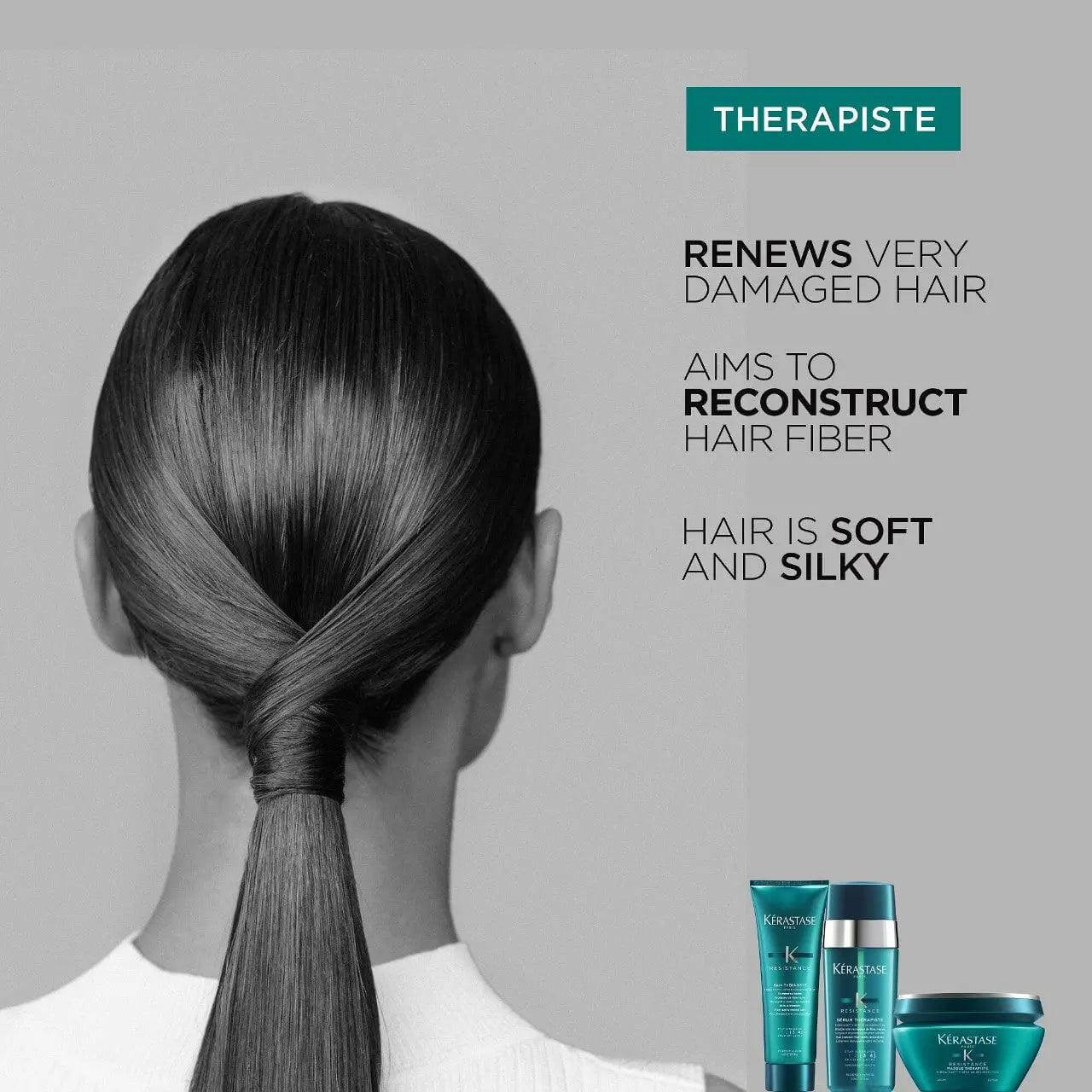 Kérastase Soin Premium Therapiste for damaged hair with product bottles and sleek hair knot.