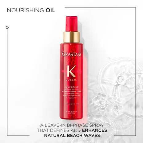 Kérastase Soleil Huile Sirene Hair Oil Mist bottle with nourishing oil for UV protection, shine enhancement, and natural beach waves.