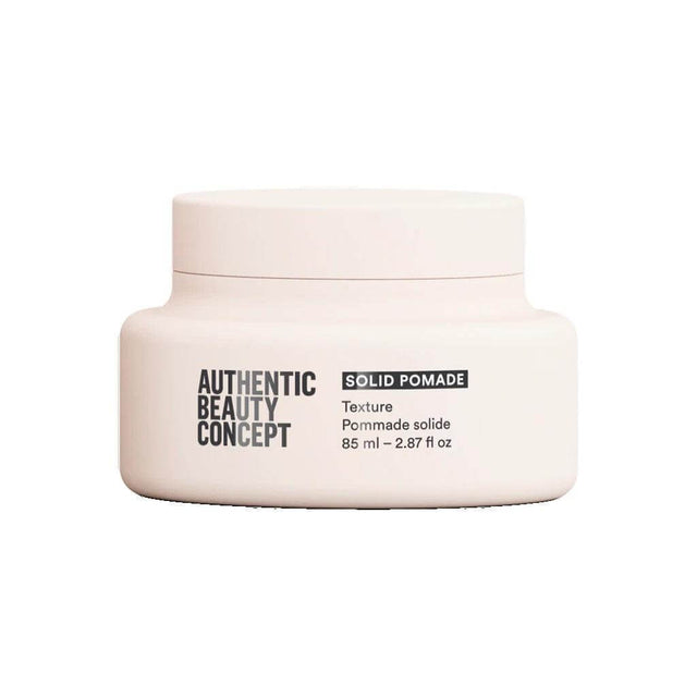 Authentic Beauty Concept Solid Pomade jar, lightweight mist for soft, smooth, and radiant hair. Vegan, cruelty-free, silicone-free.