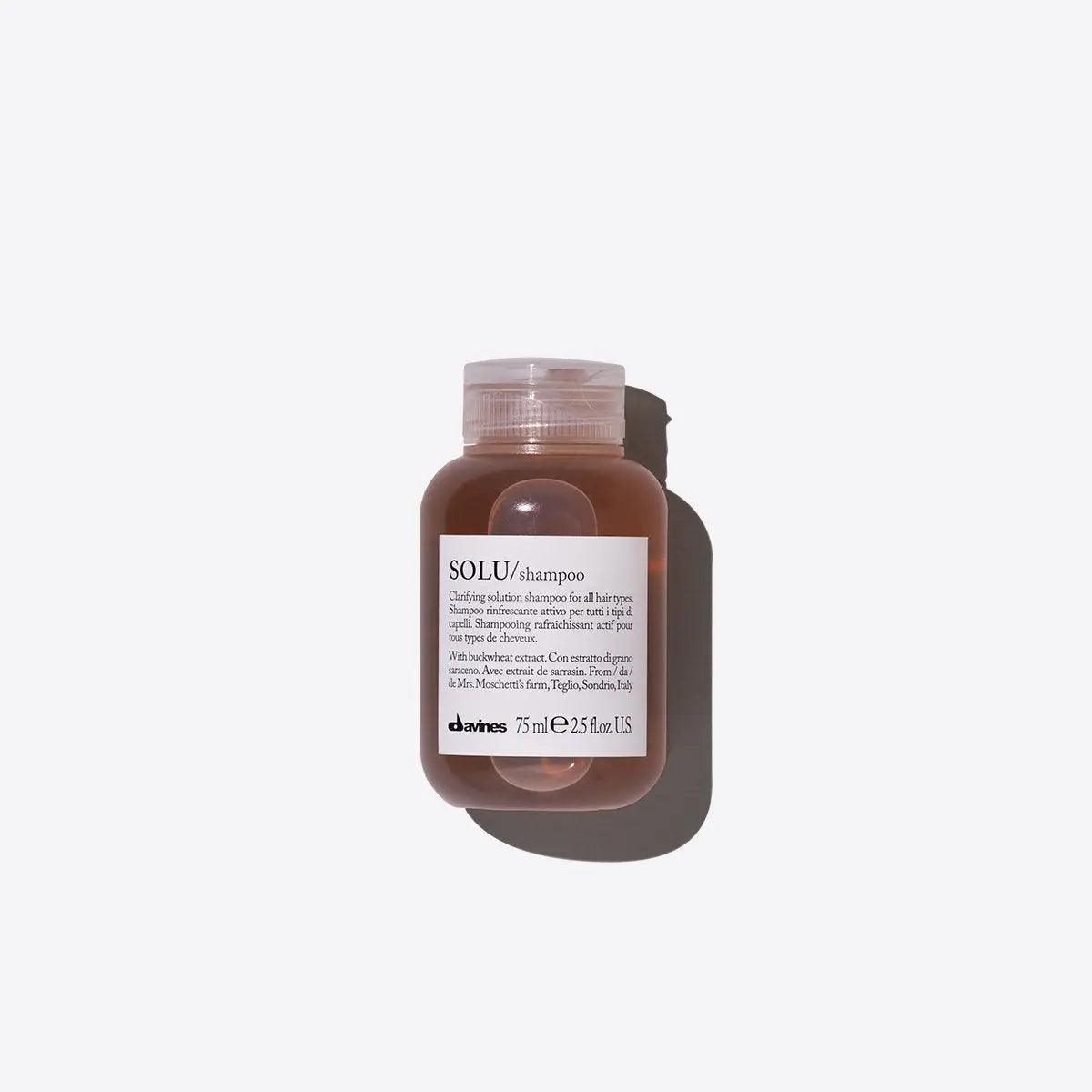 Solu Shampoo for deep cleansing and residue removal, suitable for all hair types, featuring a luxurious light foam formula.