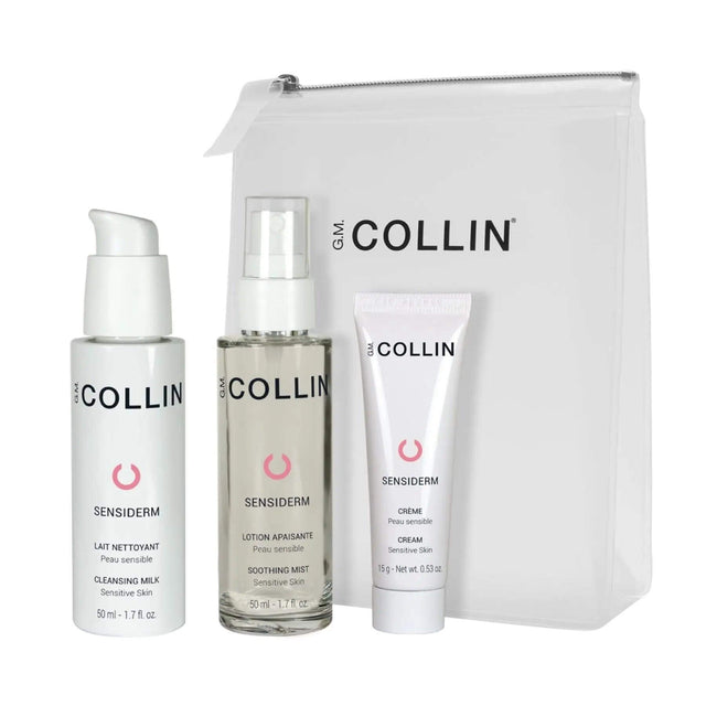 G.M. Collin Soothing Travel Kit with Sensiderm Cleansing Milk, Soothing Mist, and Cream in travel-sized bottles and bag.