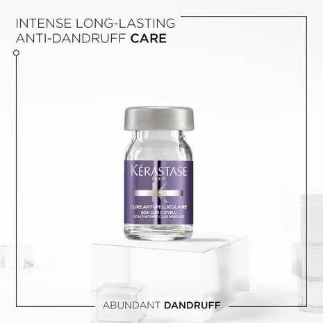 Kerastase Spécifique Cure Antipelliculaire Anti-Dandruff Scalp Treatment vial on display, promising intense, long-lasting dandruff care.