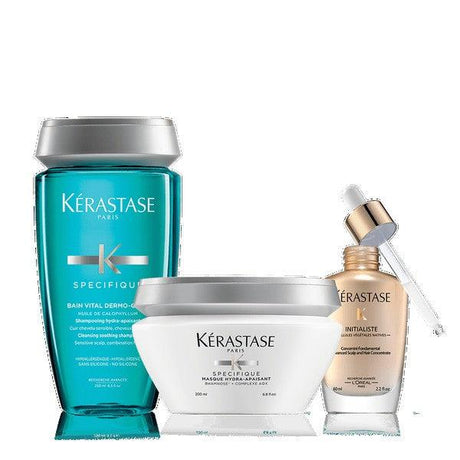 Specifique Dry Scalp Set with Bain Vital Dermo-Calm Shampoo, Masque Hydra Apaisant Mask, and Initialiste Serum for sensitive scalps.