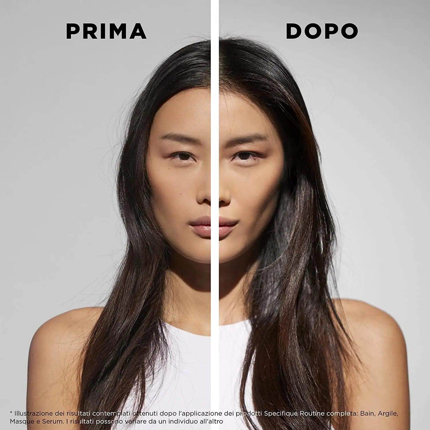 Before and after comparison of hair using Kérastase Specifique Masque Hydra-Apaisant, showing smoother and healthier hair results.