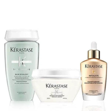 Kérastase Specifique Oily Hair Set with Bain Divalent Shampoo and Hydra Apaisant Hair Mask for oily roots and sensitive scalps.