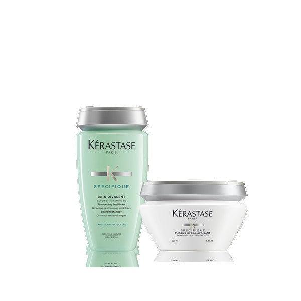 Specifique Oily Scalp Set with Bain Divalent Shampoo and Masque Hydra Apaisant Hair Mask for sensitive scalp care.