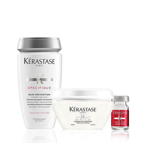 Specifique Thinning Hair Set with Bain Prévention Shampoo, hair mask, and advanced scalp treatment for enhanced volume and rejuvenation.