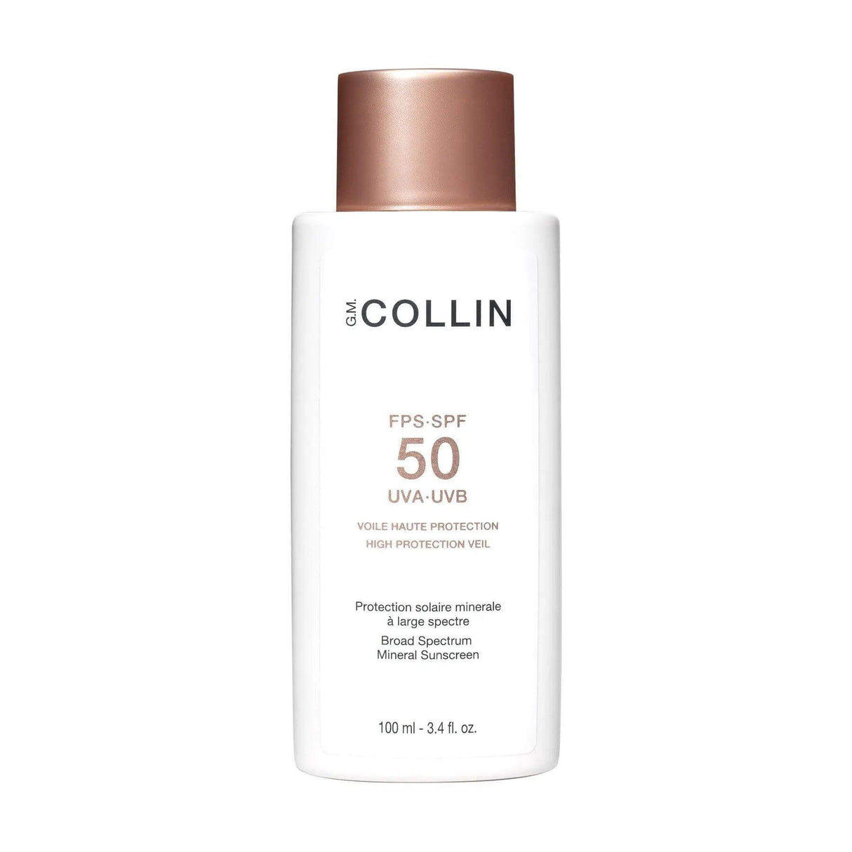 G.M. Collin SPF 50 High Protection Veil with mineral filter and nourishing oils for UVA-UVB ray shielding, reef-safe sunscreen bottle