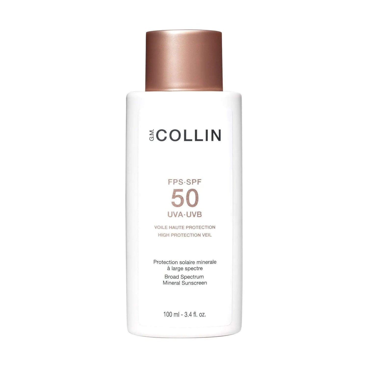 G.M. Collin SPF 50 High Protection Veil with mineral filter and nourishing oils for UVA-UVB ray shielding, reef-safe sunscreen bottle