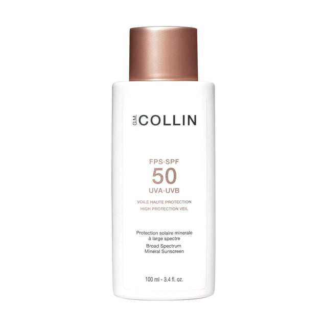 G.M. Collin SPF 50 High Protection Veil with mineral filter and nourishing oils for UVA-UVB ray shielding, reef-safe sunscreen bottle