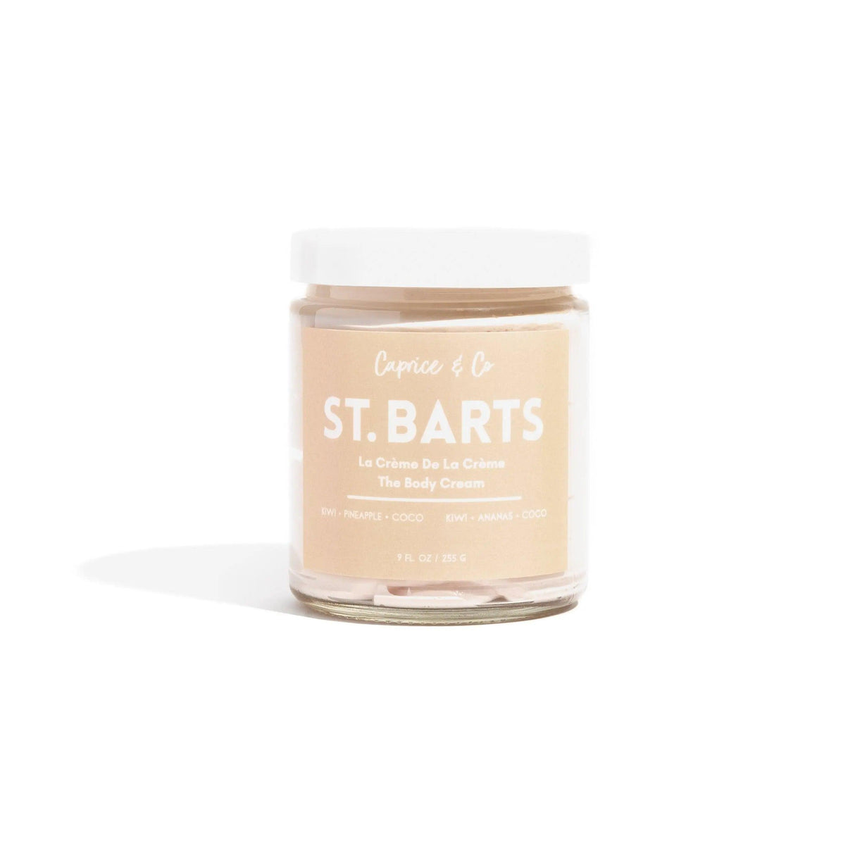 St-Barts Body Cream in glass jar with kiwi, pineapple, coconut scent; moisturizing, lightweight, non-greasy skin care, 9 fl oz.