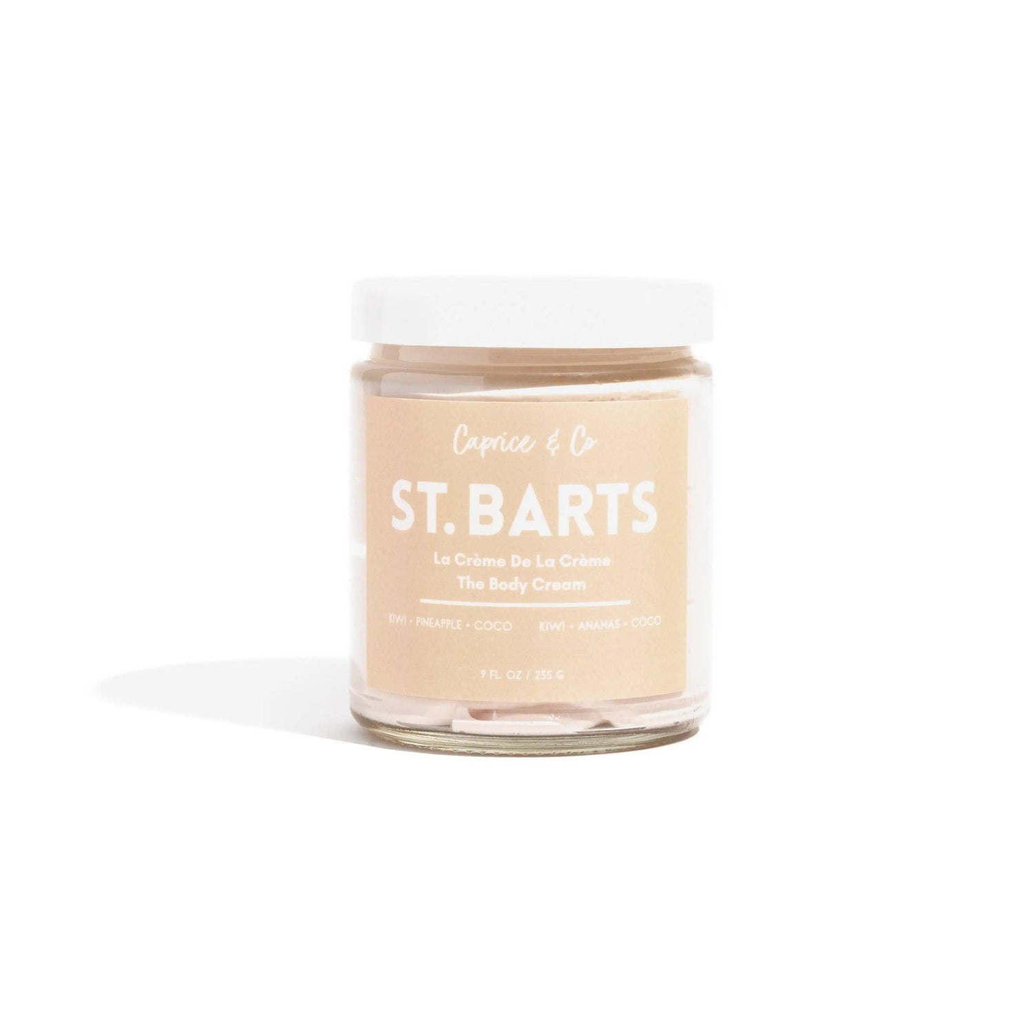 St-Barts Body Cream in glass jar with kiwi, pineapple, coconut scent; moisturizing, lightweight, non-greasy skin care, 9 fl oz.