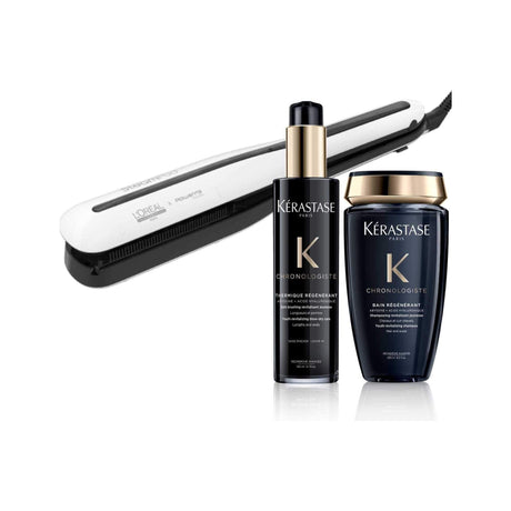 Steampod 3.0 kit with Chronologiste by Kérastase - Professional steam iron for smoothness and shine, plus hair treatment products.