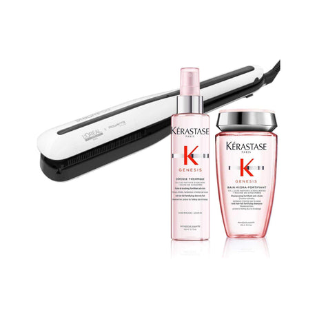 Steampod 3.0 Kit & Genesis featuring steam iron with hair repair, straightening, curling capabilities, and Kerastase Genesis products.