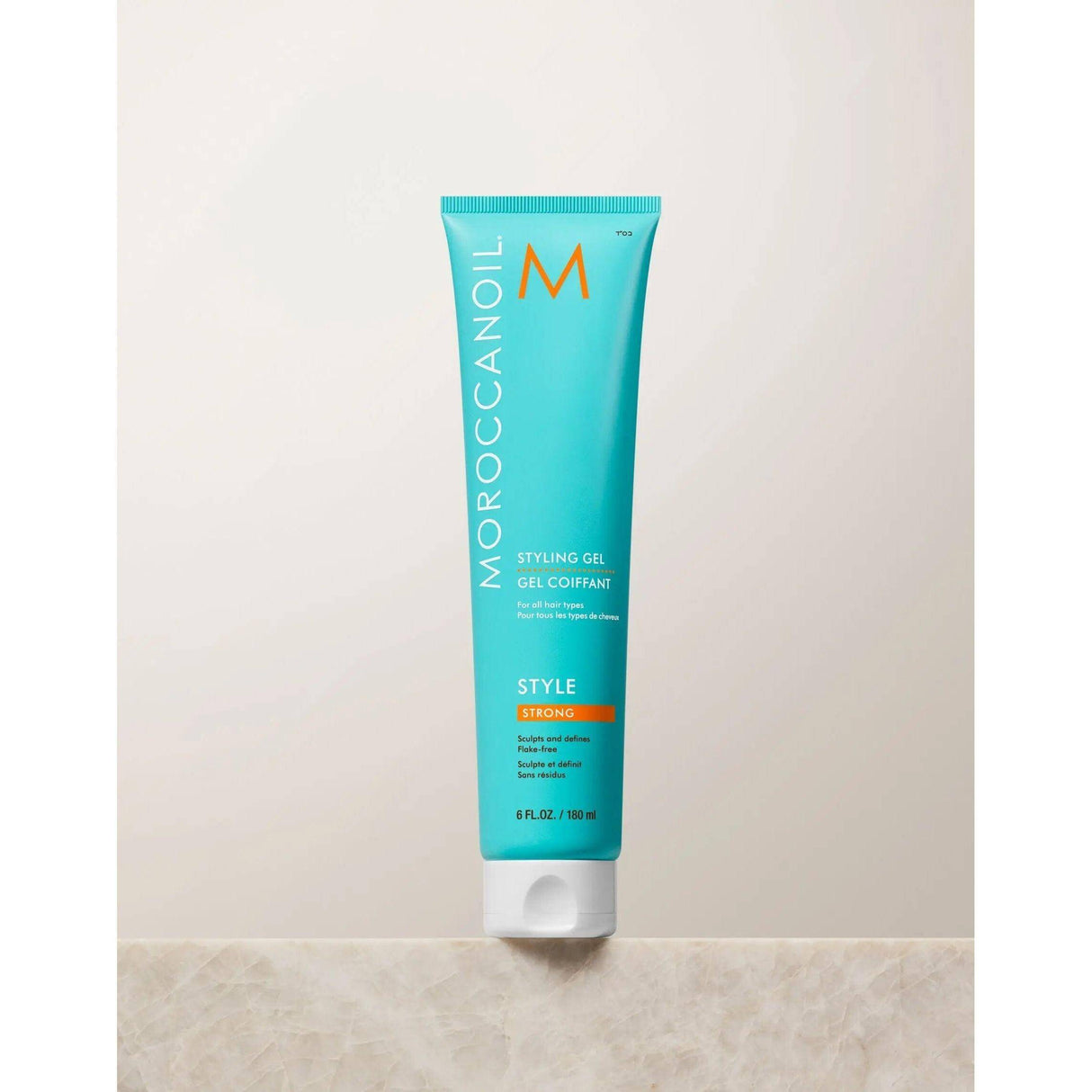 Moroccanoil Strong Hold Styling Gel for sleek, structured looks; argan oil-infused, alcohol-free, nourishing hair gel bottle.