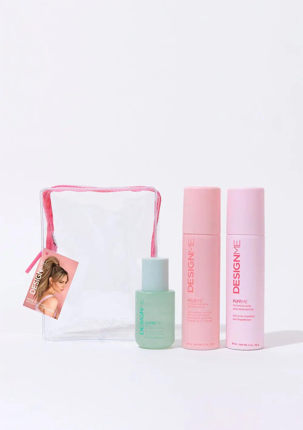 STYLE DISCOVERY KIT with three mini DESIGNME hair styling products and a clear travel pouch for volume and glossy control.